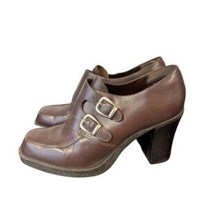 Vintage Y2k Double Monk Strap Loafer Heels Brown Leather Career Womens Size 9